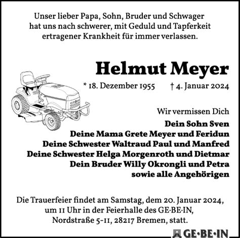 Traueranzeigen Von Helmut Meyer Trauer Gedenken