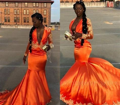 South African Black Girls Prom Dresses 2019 Orange Color Deep V Neck