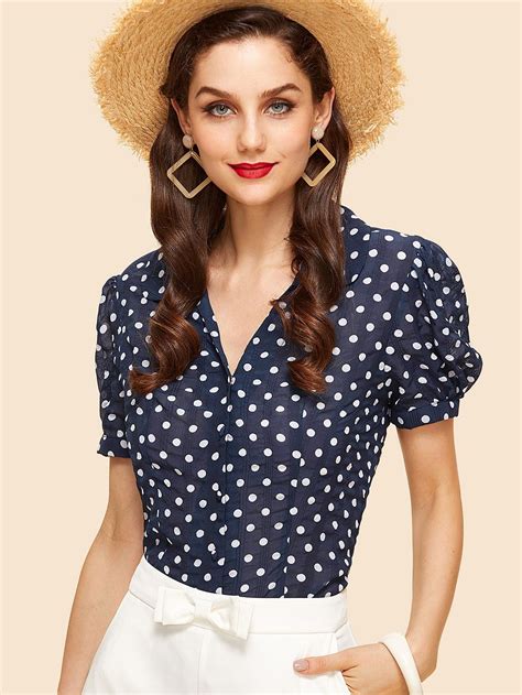 Shein Puff Sleeve Fitted Polka Dot Blouse Polka Dot Blouse Fashion