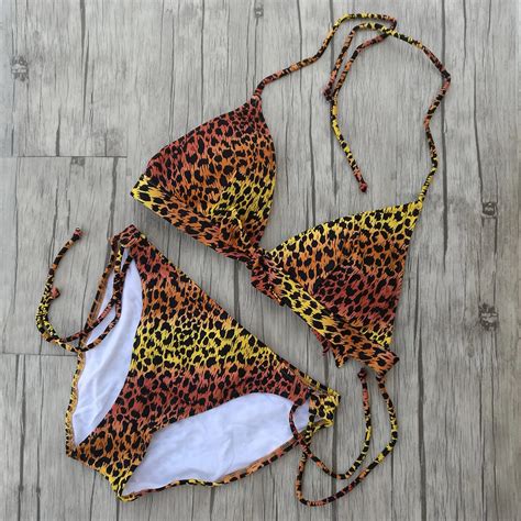 Women Triangle Leopard Bikini Swimsuit Yellow Low Waist Brazilian Lace