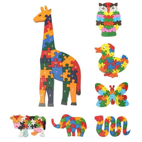 wooden animal shape puzzle blocks 26 alphabet number children's ...