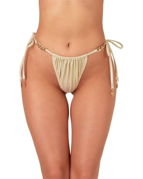 Nude Side Tie Ruched Thong Mid Rise Bikini Bottom With Golden Chains