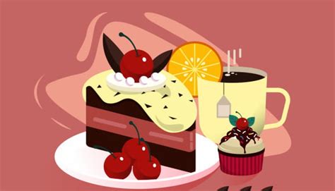 Dessert Painting Cream Cake Tea Sketch Colorful Classic Ai Eps Vector