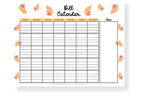 Printable Monthly Bill Calendars