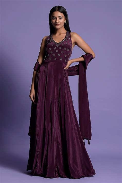 Buy Wine Crepe Embroidered Sequin Halter Neck Bodice Anarkali With