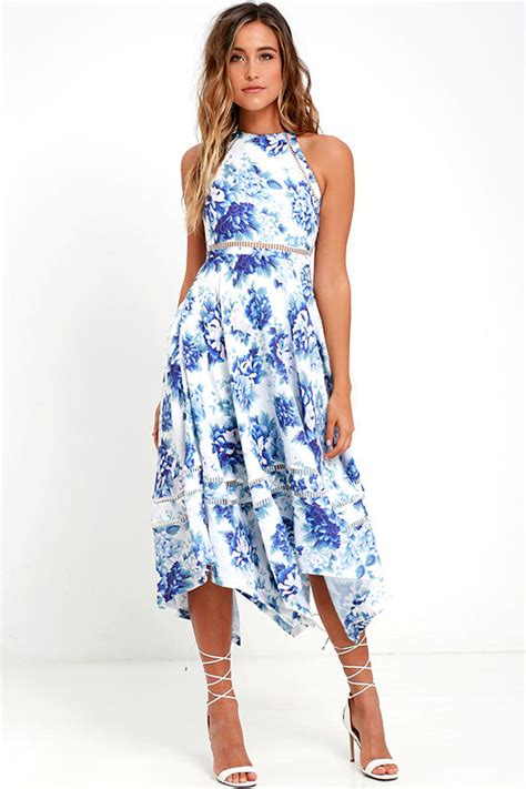 Elliatt Flourish Dress Blue Floral Print Dress Print Midi Dress 18500 Lulus