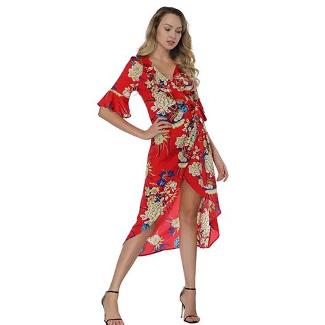 2018 Red Ruffle Flounce Flower Print Sexy Women Dress For Evening Buy