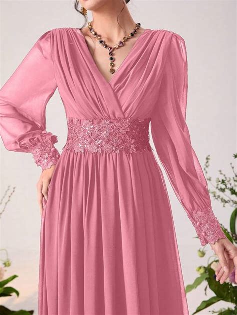 Shein Modely Floral Embroidery Appliques Lantern Sleeve Chiffon Maxi