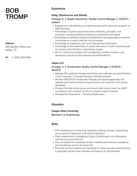 Resume For Applying For Mill Quality Control Manager