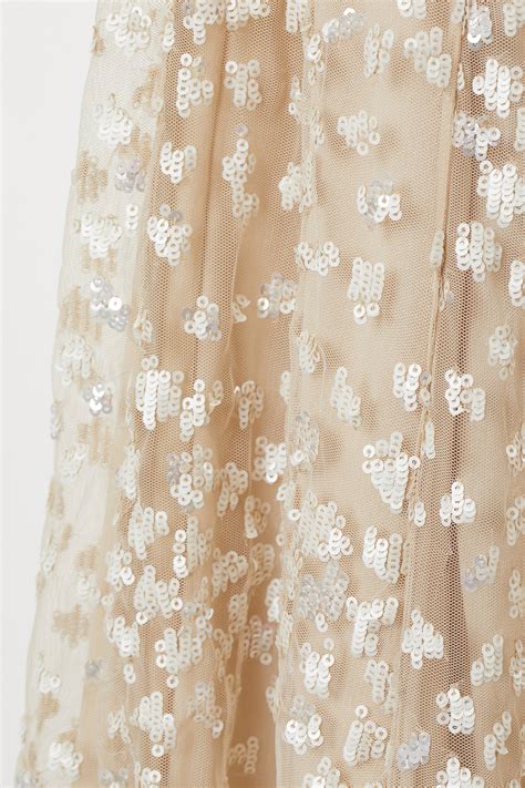 Sequin Embroidered Long Dress Halterneck Sleeveless Light Beige