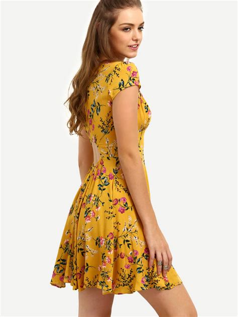 Floral Cut Out Back Empire Flare Dress Shein Sheinside