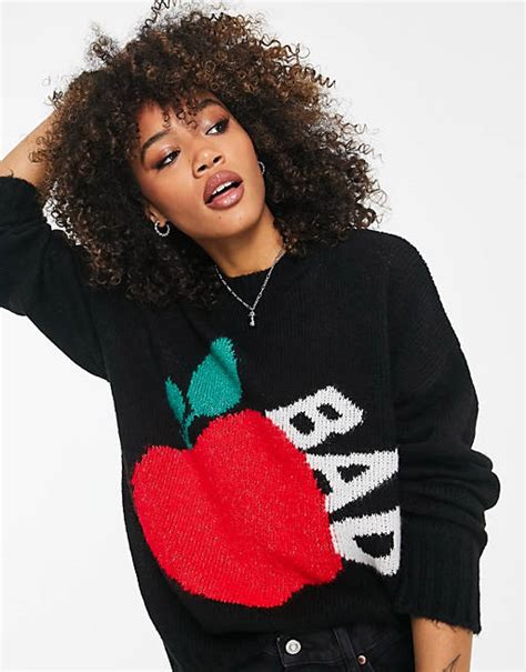 Asos Design Sweater With Bad Apple Pattern In Black Asos