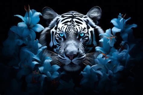 Premium Ai Image A White Tiger With Blue Eyes Surrounded By Blue Flowers