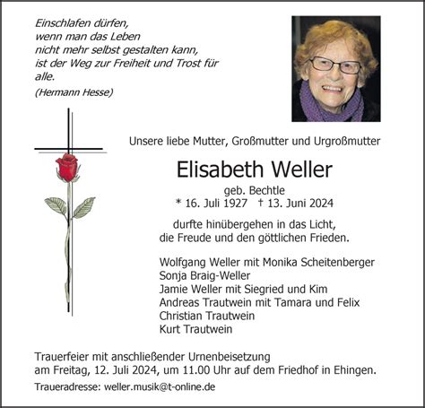 Traueranzeigen Von Elisabeth Weller S Dwest Presse Trauer