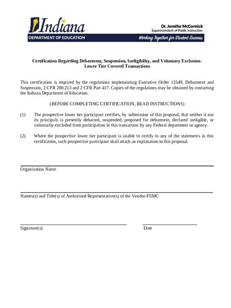 Certification Regarding Debarment Suspension And SBA Doc