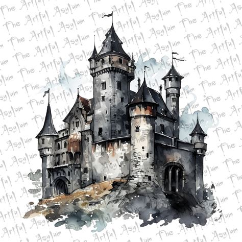 Medieval Castle Digital Art, Watercolor Ghotic Vampire Castle Digital ...