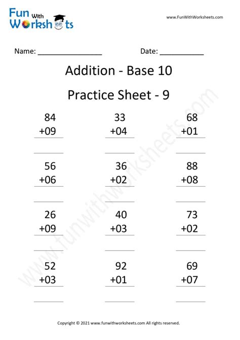 Free Printable Worksheets Vedic Addition Base 10 Practice Sheets