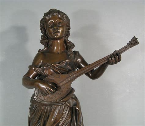 FEMME MUSICIENNE JOUEUSE DE MANDOLINE SCULPTURE ANCIENNE BRONZE SIGNÉ