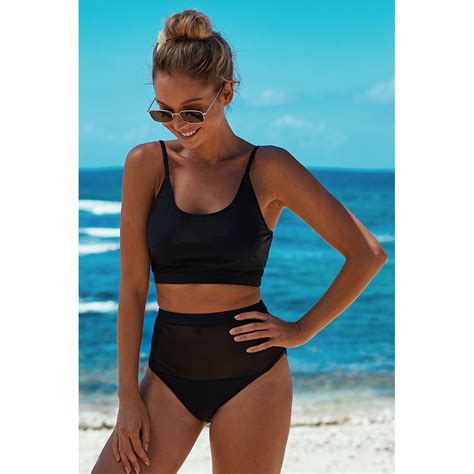 New Bikini Large Size Hot Spring Sexy Transparent Mesh Panel High Waist