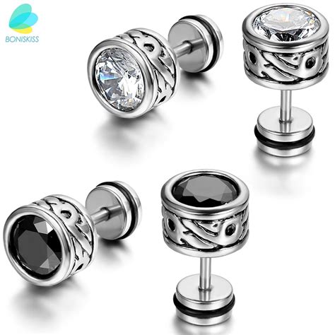 BONISKISS High Quality Cool Mens Earring Ear Stud Stainless Steel CZ