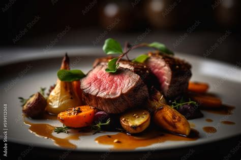 Beef stroganoff with sautéed mushrooms on a rustic wooden board on isolated background in a ...