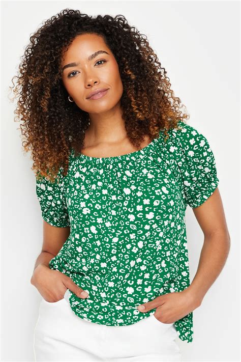 M Co Women S Green Floral Print Short Sleeve Bardot Top M Co