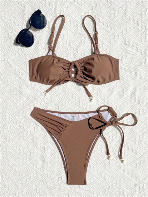 Womens Pure Color Bandeau Bikini Set With Separated Bottoms For