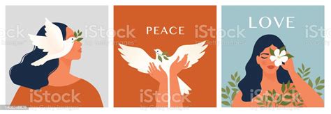 World Peace Portrait Of A Woman And A Flowerю Hands And Dove Of Peace Vector Illustration