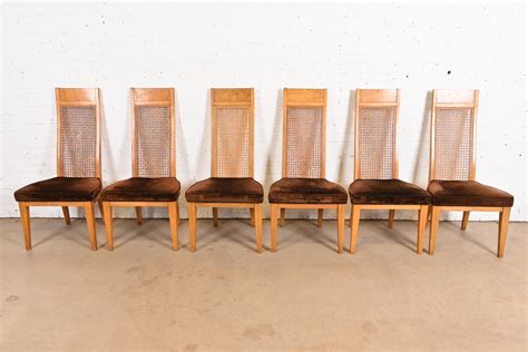 Milo Baughman Style Mid Century Modern Burl Wood And Cane High Back Dining Chairs By Lane Set