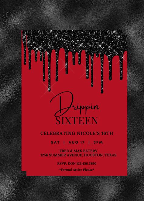 Editable Drippin 16 Birthday Invitation Red And Black Etsy