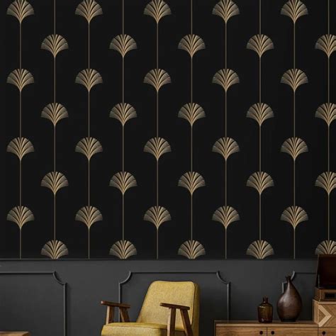 Art Deco Fan Wallpaper Black Faux Gold Peel And Stick Dark Wall Paper