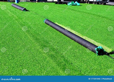 Artificial Turf Soccer Field Construction Stock Photo - Image of clean ...