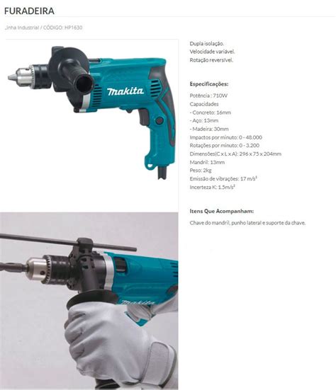 Furadeira De Impacto Makita HP1630 1 2P 710W Preto Azul 220V