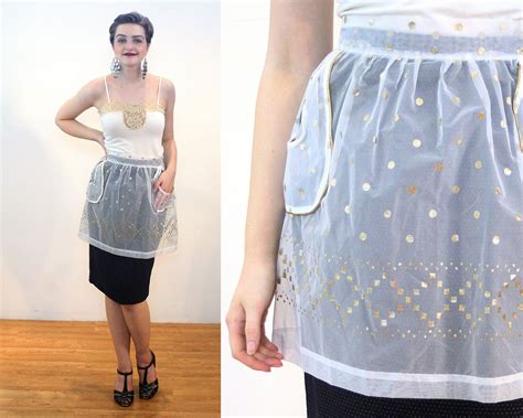 50s Hostess Half Apron Deadstock Metallic Gold Sheer White Nylon