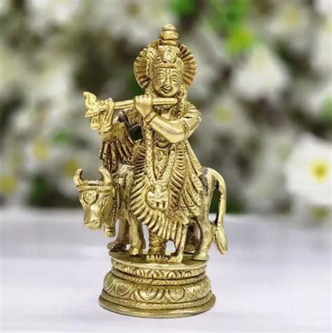 Lord Krishna Statue Brass Krishna With Cow Idol Hindu God Figurine