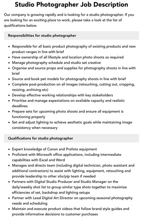 Studio Photographer Job Description | Velvet Jobs