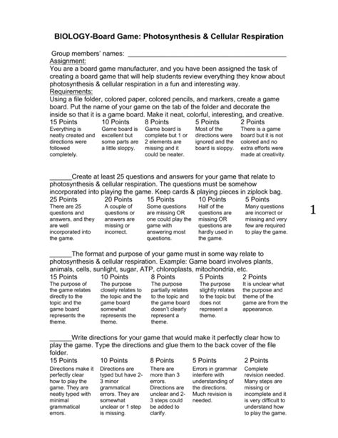 Board Game Photosynthesis And Cellular Respiration