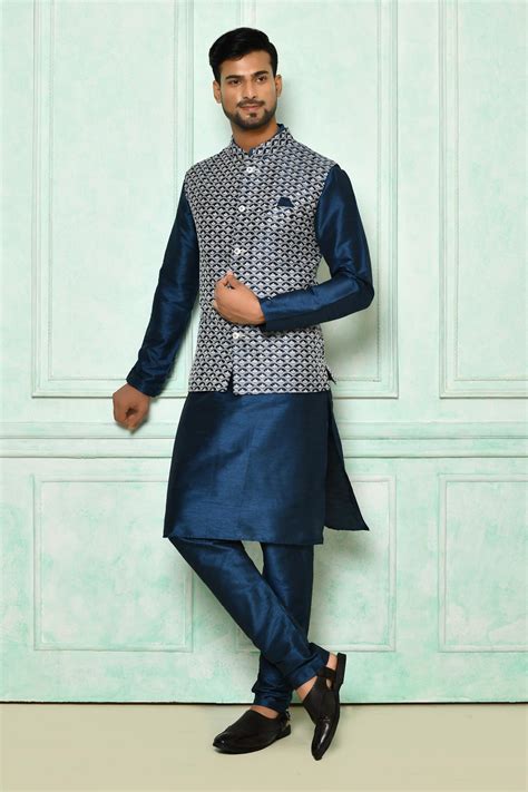 Buy Arihant Rai Sinha Blue Embroidered Bundi And Kurta Set Online Aza