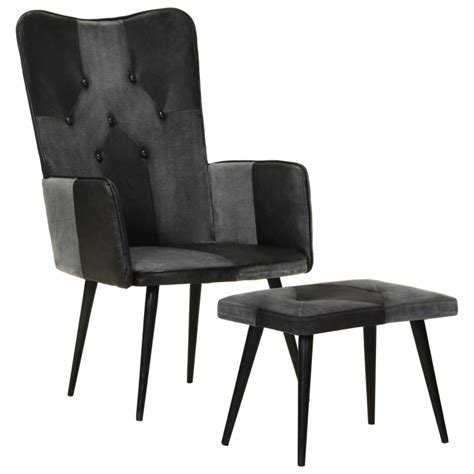 Eto Fauteuil Avec Repose Pieds Noir Cuir V Ritable Et Toile