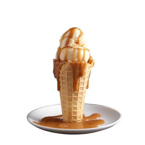 Premium Ai Image Ice Cream In Waffle Cone With Caramel Sauce Isolated