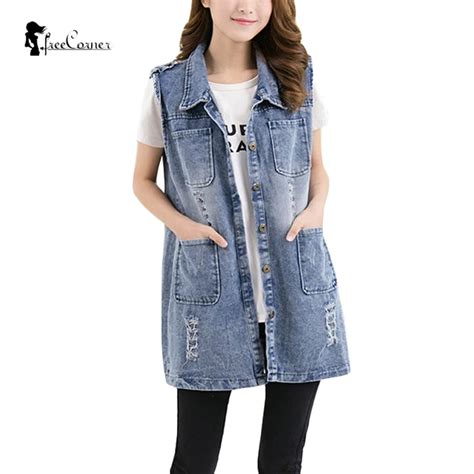 5xl Plus Size Hole Denim Vest Women 2017 New Autumn Casual Pockets Long Sleeveless Jeans Coat