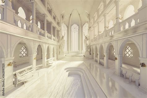 A majestic fantasy temple. A 3D rendered image from the interior of a ...