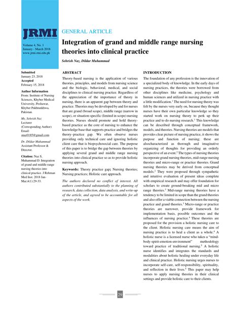 PDF Integration Of Grand And Middle Range Nursing Theories Into