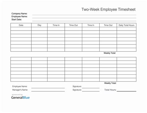 Printable Two-Week Employee Timesheet in Excel