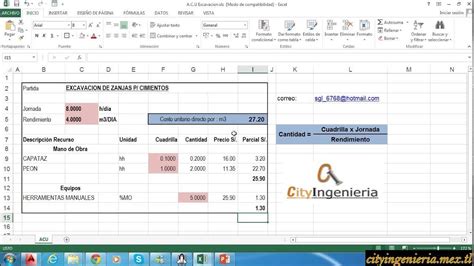 Análisis De Costo Unitario En Excel Excavación De Zanjas Para Cimientos Youtube