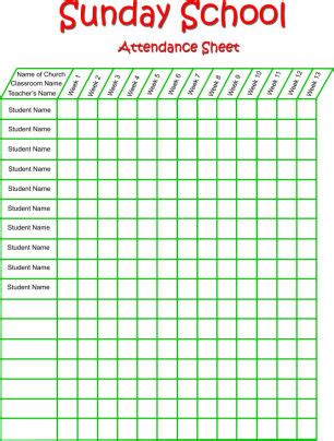 Sunday School Attendance Sheet