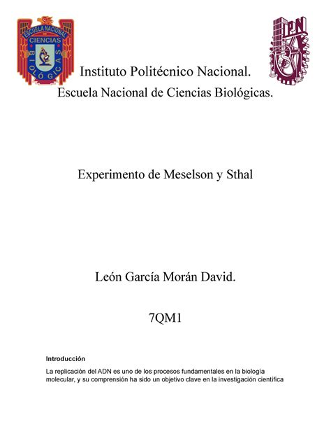 Experimento De Meselson Y Stahl Instituto Polit Cnico Nacional