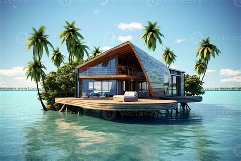 Tiny Island In The Middle Of The Ocean With Modern Beach House With