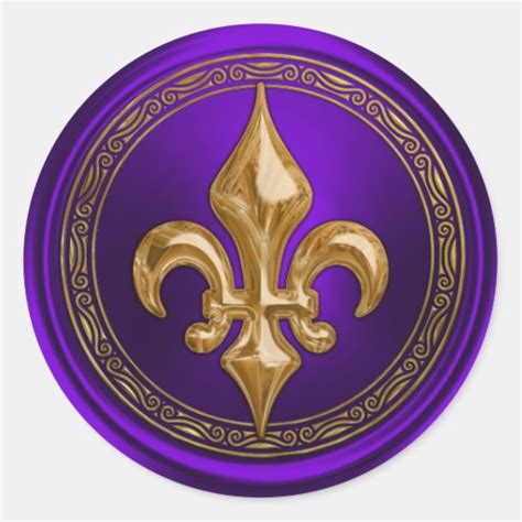 Purple And Gold Fleur De Lis Envelope Seal Round Stickers Zazzle