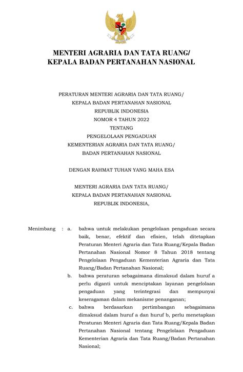 Permen Atr Kbpn Nomor Tahun Tentang Pengelolaan Pengaduan Garuda Pdf